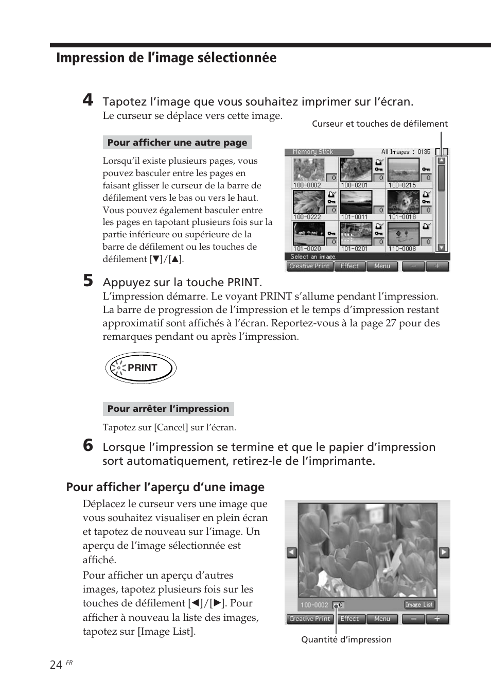 Impression de l’image sélectionnée | Sony DPP-EX7 User Manual | Page 122 / 296