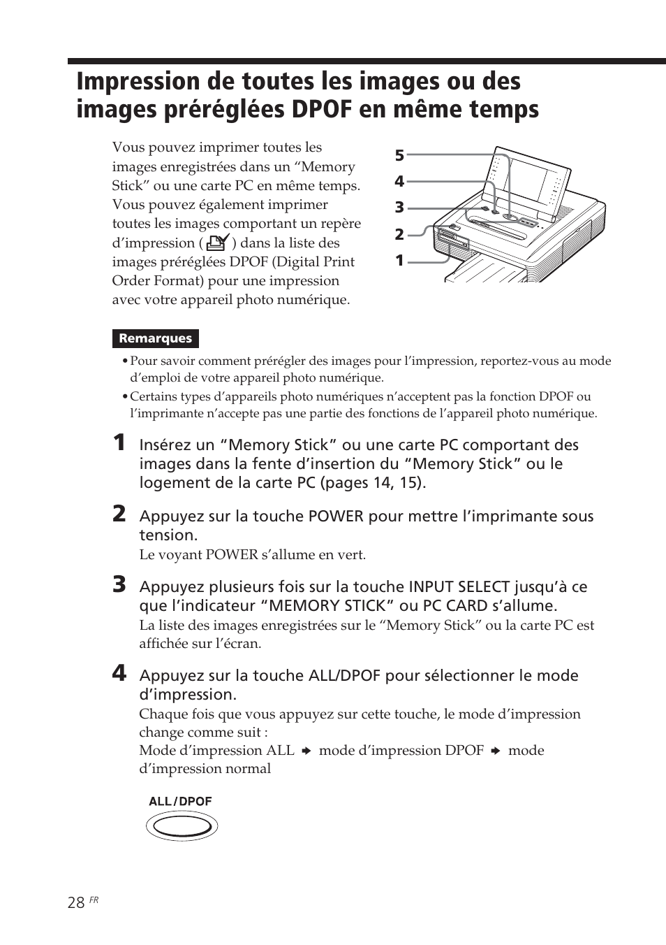 Impression de toutes les images ou des, Images préréglées dpof en même temps | Sony DPP-EX7 User Manual | Page 126 / 296