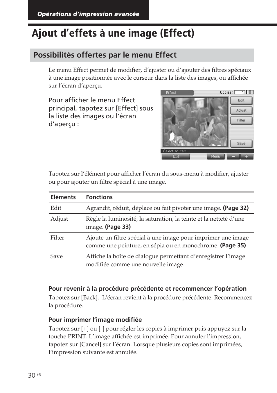 Opérations d’impression avancée, Ajout d’effets à une image (effect), Possibilités offertes par le menu effect | Sony DPP-EX7 User Manual | Page 128 / 296