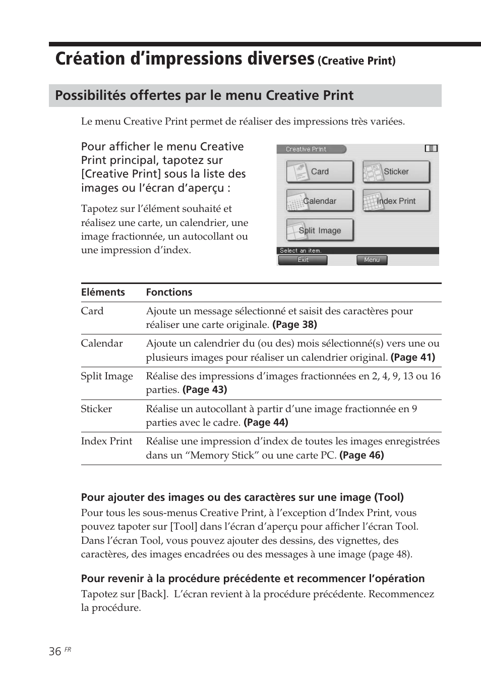 Création d’impressions diverses (creative print), Possibilités offertes par le menu creative print, Création d’impressions diverses | Creative print) | Sony DPP-EX7 User Manual | Page 134 / 296