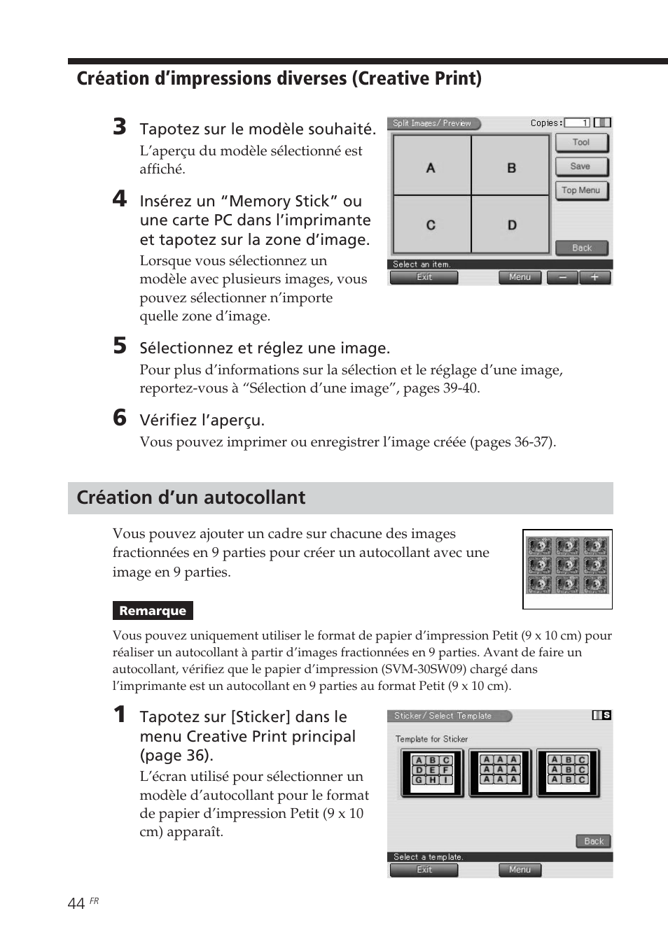 Création d’un autocollant | Sony DPP-EX7 User Manual | Page 142 / 296