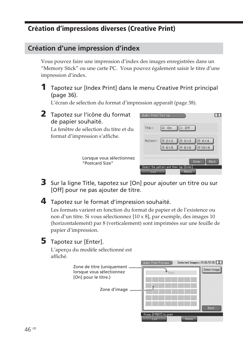 Création d’une impression d’index | Sony DPP-EX7 User Manual | Page 144 / 296