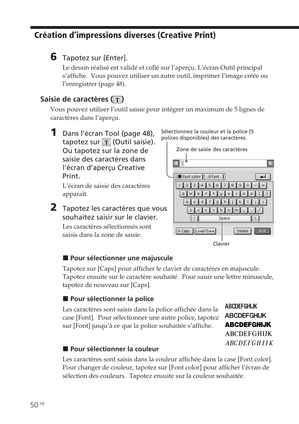 Saisie de caractères (), Saisie de caractères, Création d’impressions diverses (creative print) | Sony DPP-EX7 User Manual | Page 148 / 296