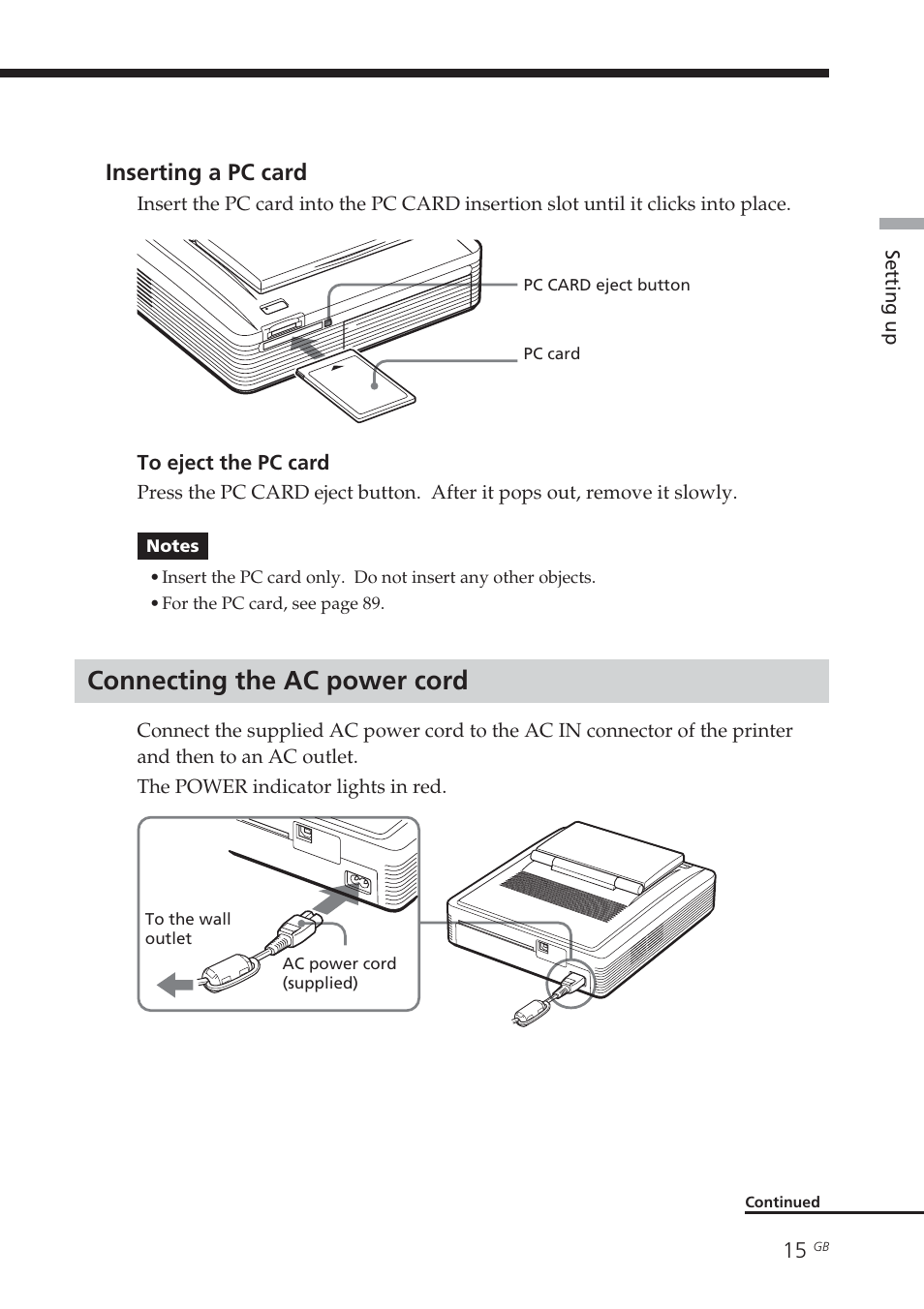 Connecting the ac power cord, Ac power cord, Inserting/removing | Inserting a pc card | Sony DPP-EX7 User Manual | Page 15 / 296