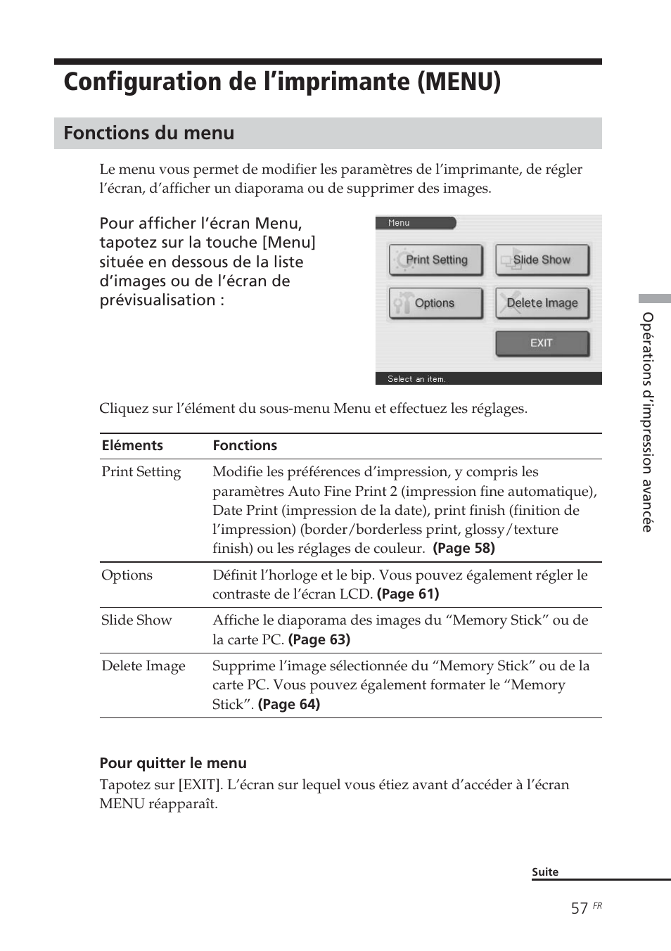 Configuration de l’imprimante (menu), Fonctions du menu, Configuration de l’imprimante | Menu) | Sony DPP-EX7 User Manual | Page 155 / 296