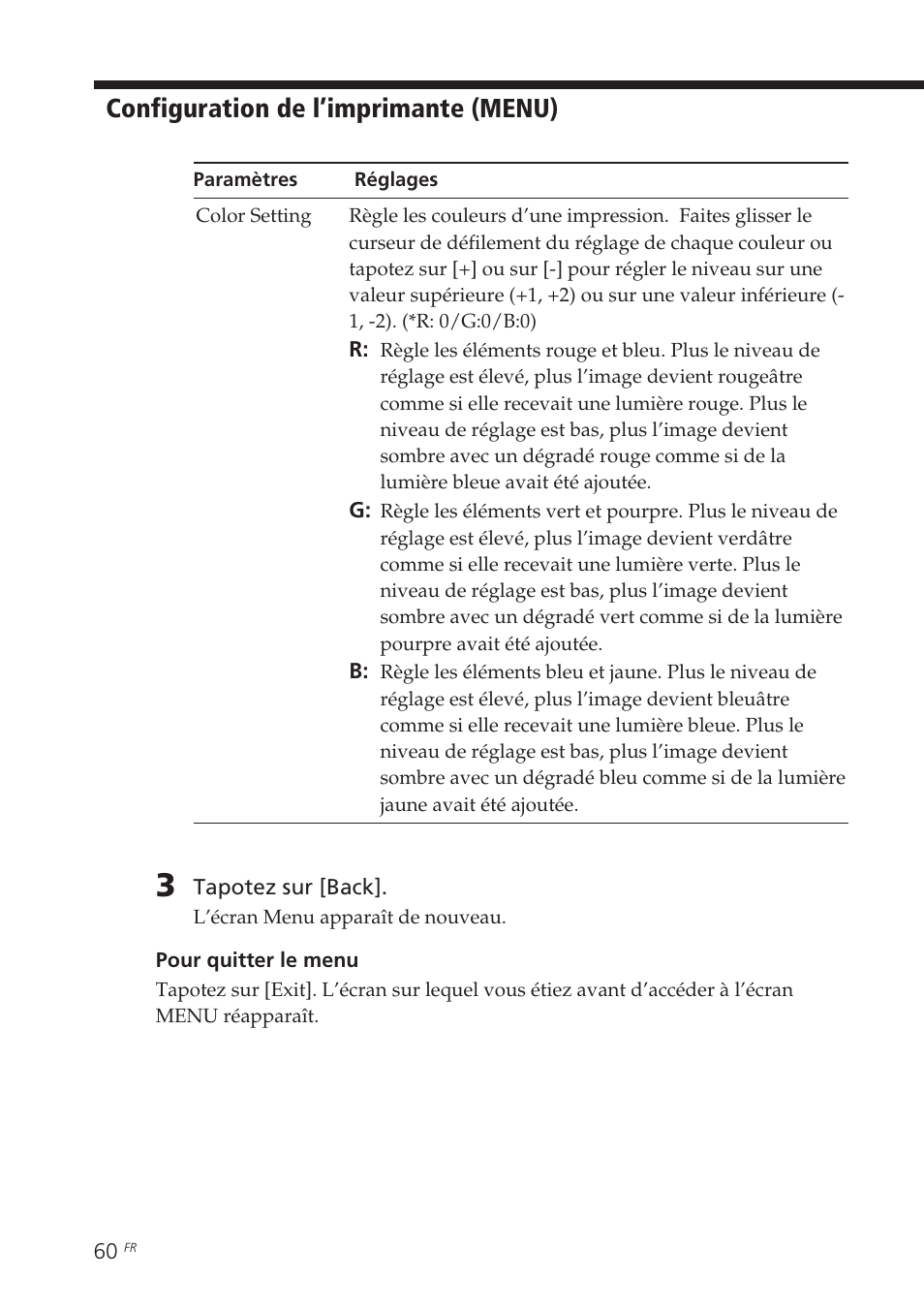 Configuration de l’imprimante (menu) | Sony DPP-EX7 User Manual | Page 158 / 296