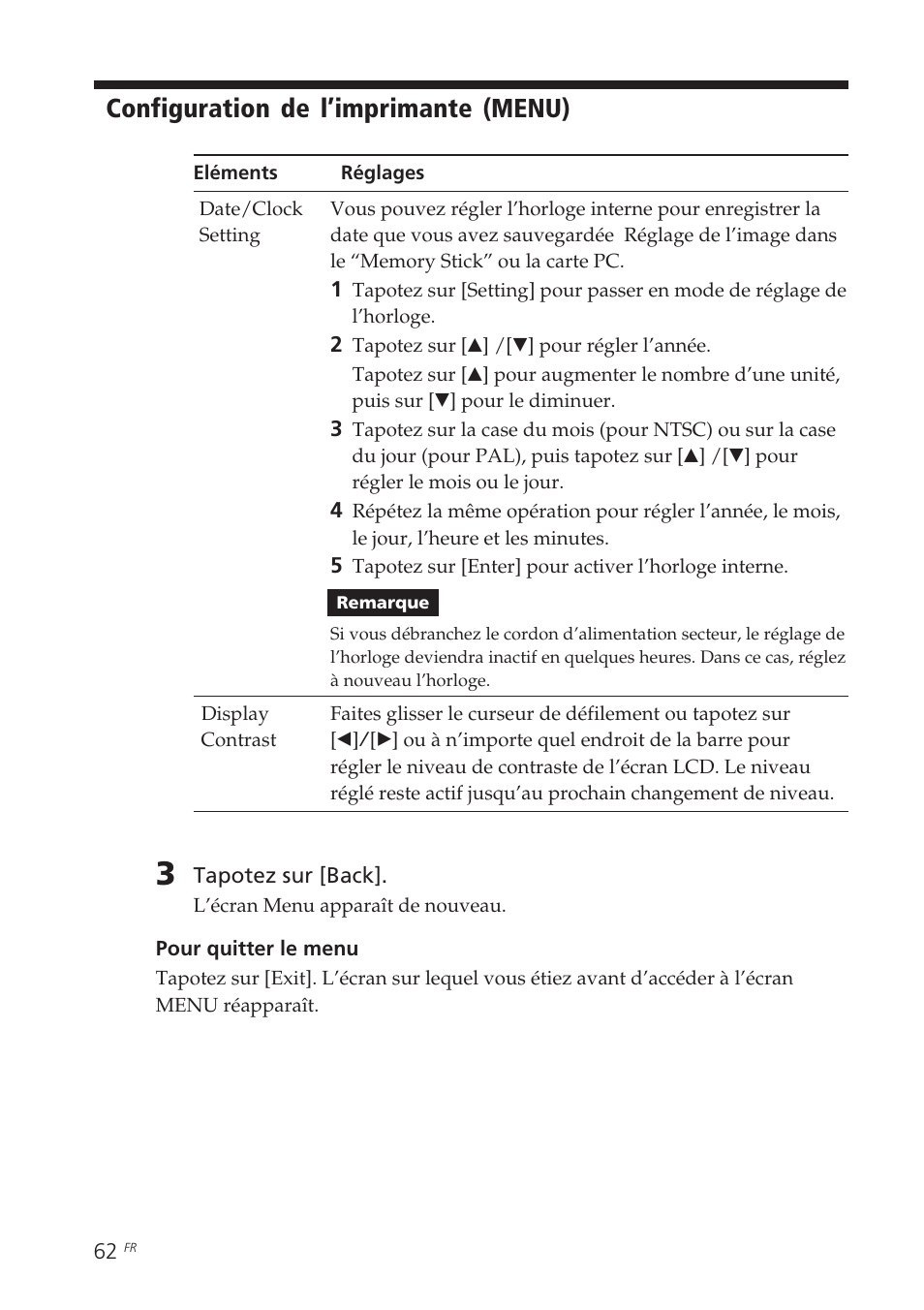 Configuration de l’imprimante (menu) | Sony DPP-EX7 User Manual | Page 160 / 296