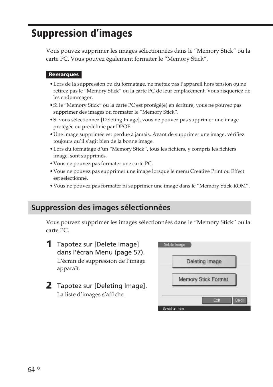 Suppression d’images, Suppression des images sélectionnées | Sony DPP-EX7 User Manual | Page 162 / 296