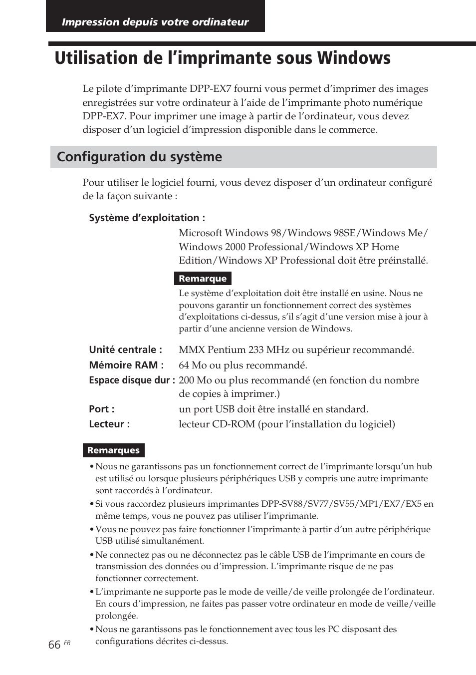 Impression depuis votre ordinateur, Utilisation de l’imprimante sous windows, Configuration du système | Utilisation de l’imprimante sous, Windows | Sony DPP-EX7 User Manual | Page 164 / 296