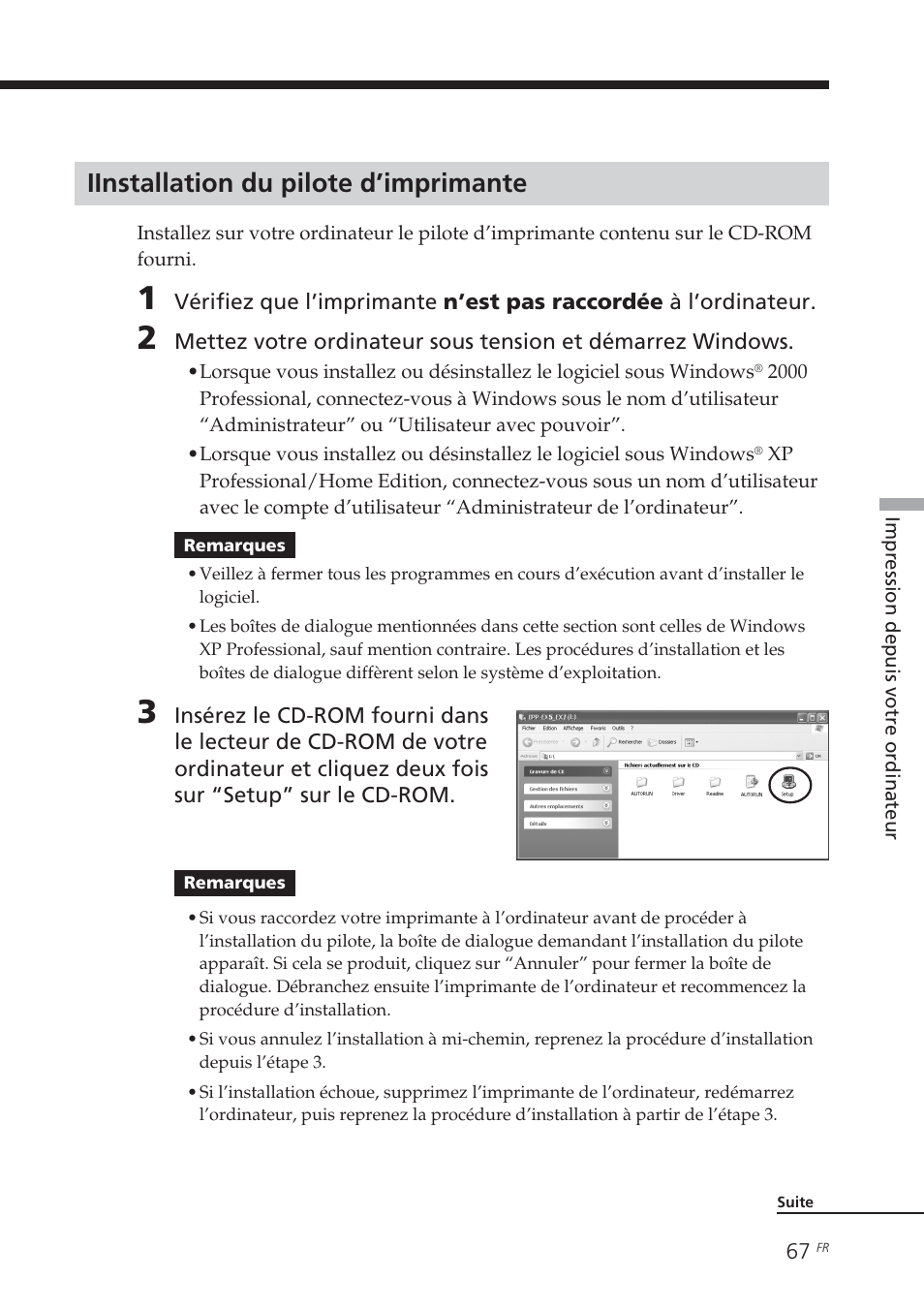 Iinstallation du pilote d’imprimante | Sony DPP-EX7 User Manual | Page 165 / 296