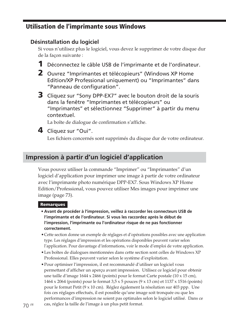 Impression à partir d’un logiciel d’application, Utilisation de l’imprimante sous windows | Sony DPP-EX7 User Manual | Page 168 / 296