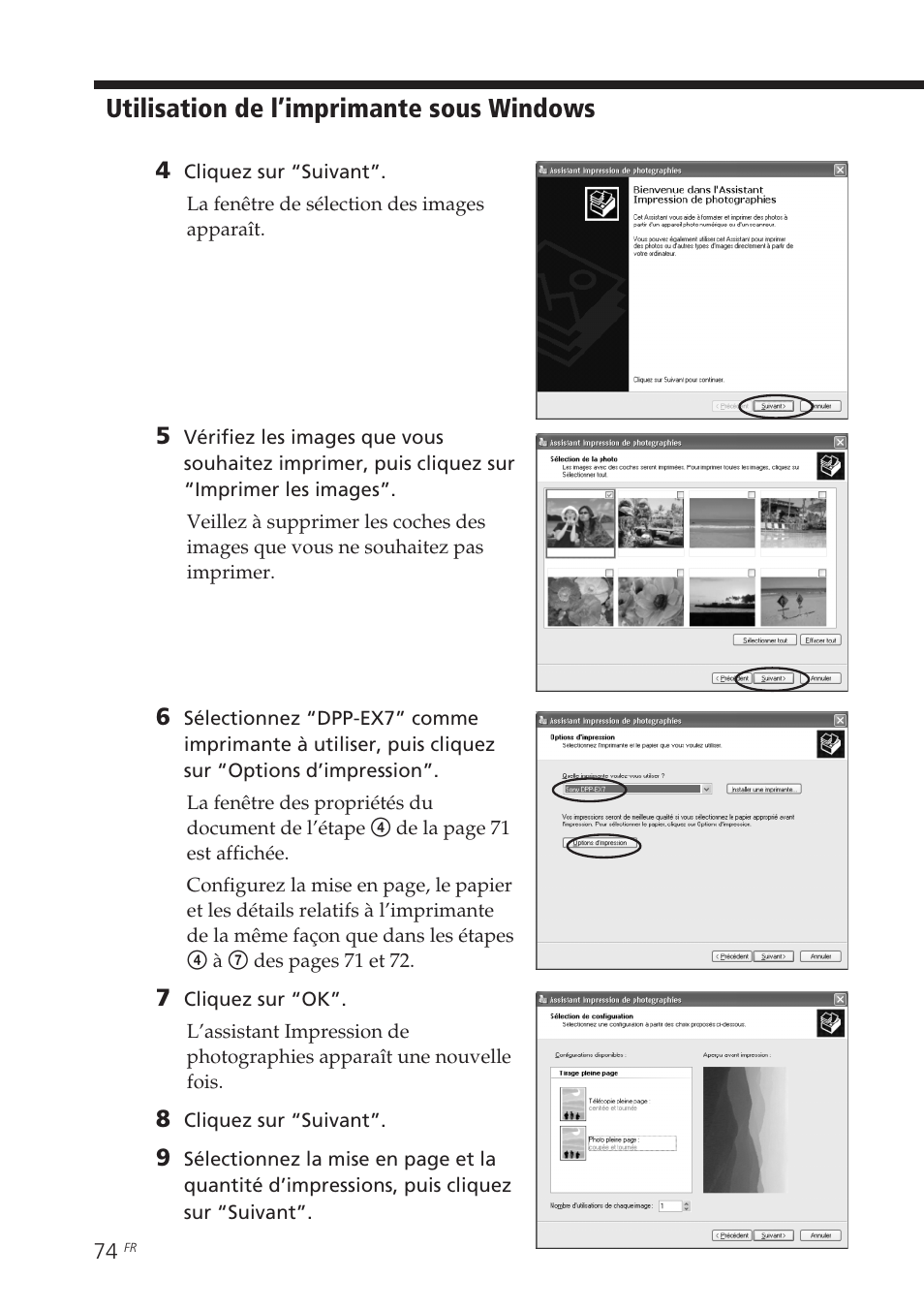 Utilisation de l’imprimante sous windows | Sony DPP-EX7 User Manual | Page 172 / 296