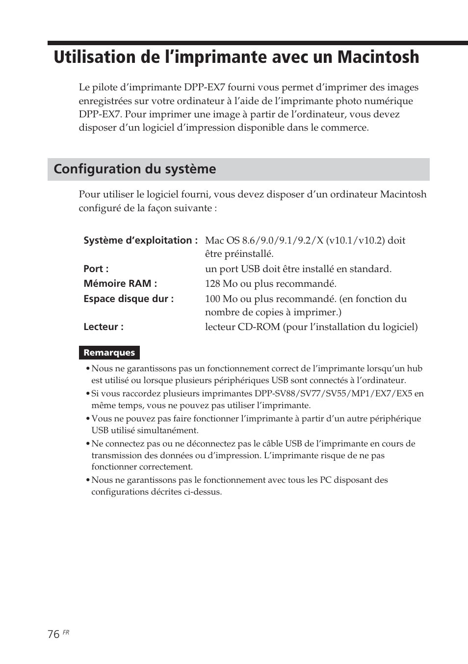 Utilisation de l’imprimante avec un macintosh, Configuration du système, Utilisation de l’imprimante avec un | Macintosh | Sony DPP-EX7 User Manual | Page 174 / 296