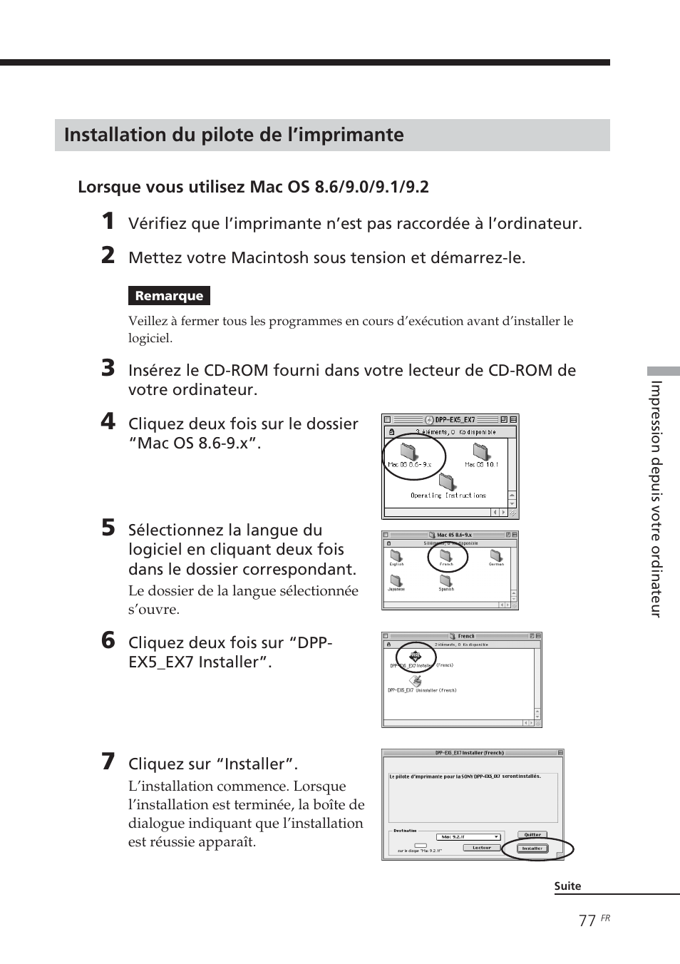 Installation du pilote de l’imprimante, Installation du pilote de l’imprimante 77 | Sony DPP-EX7 User Manual | Page 175 / 296