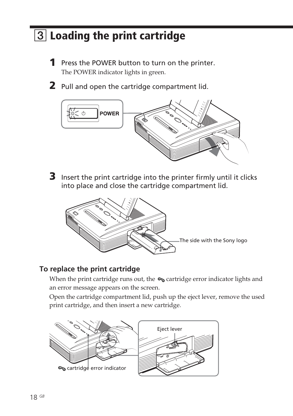 3 loading the print cartridge, Cartridge compartment lid, Cartridge error indicator | Power button, Loading the print cartridge, 3loading the print cartridge | Sony DPP-EX7 User Manual | Page 18 / 296