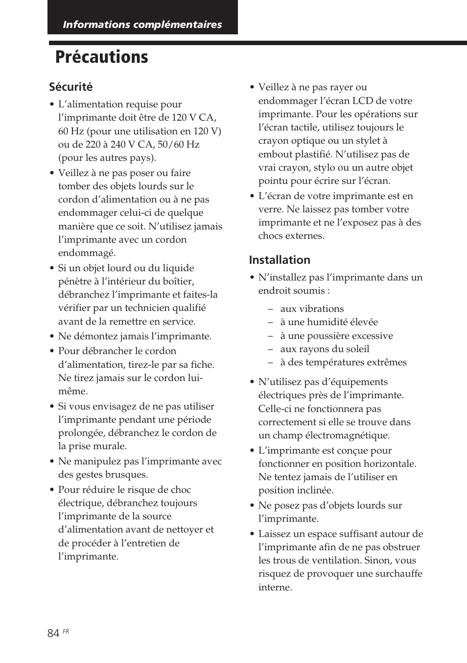 Informations complémentaires, Précautions | Sony DPP-EX7 User Manual | Page 182 / 296