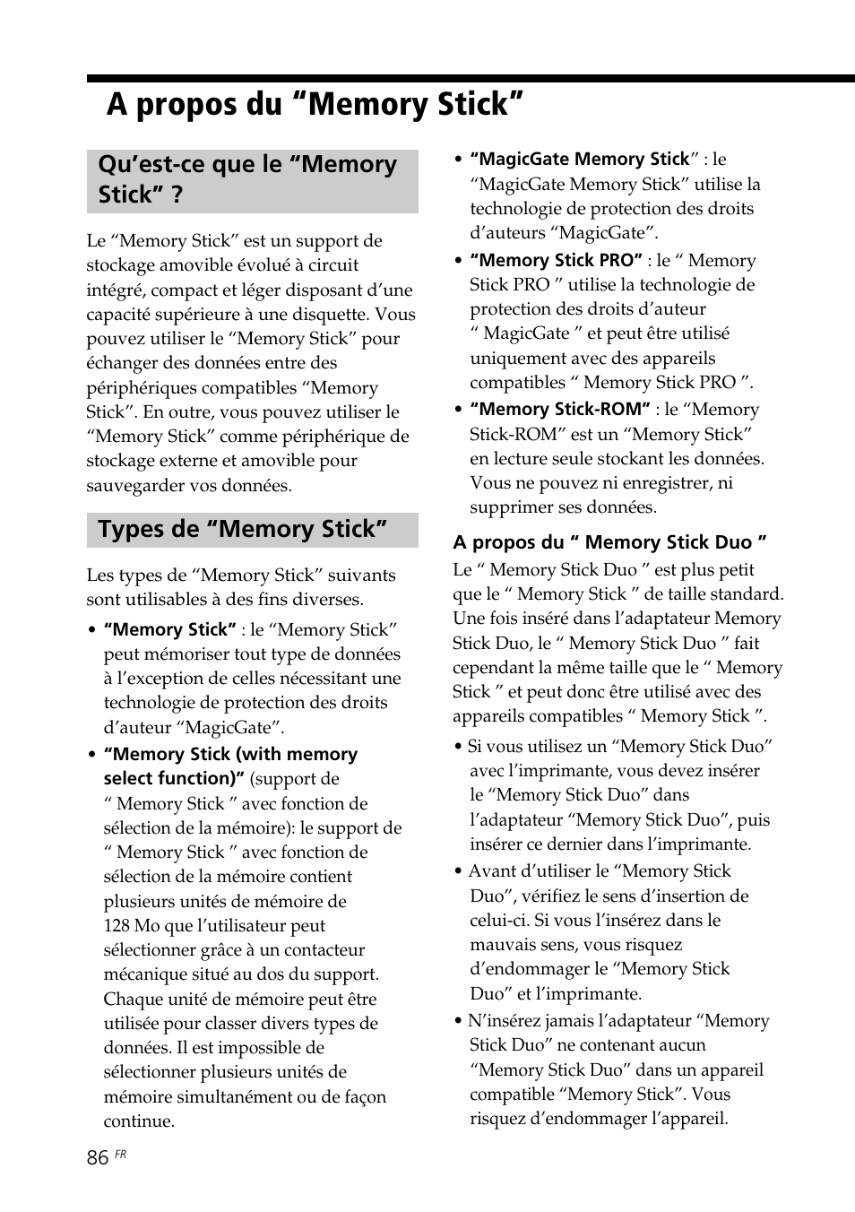 A propos du “memory stick, Qu’est-ce que le “memory stick, Types de “memory stick | Sony DPP-EX7 User Manual | Page 184 / 296