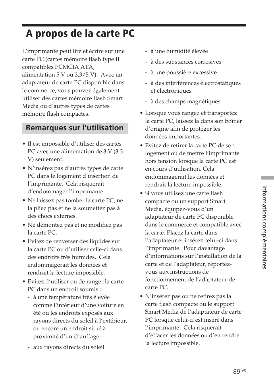 A propos de la carte pc, Remarques sur l’utilisation | Sony DPP-EX7 User Manual | Page 187 / 296