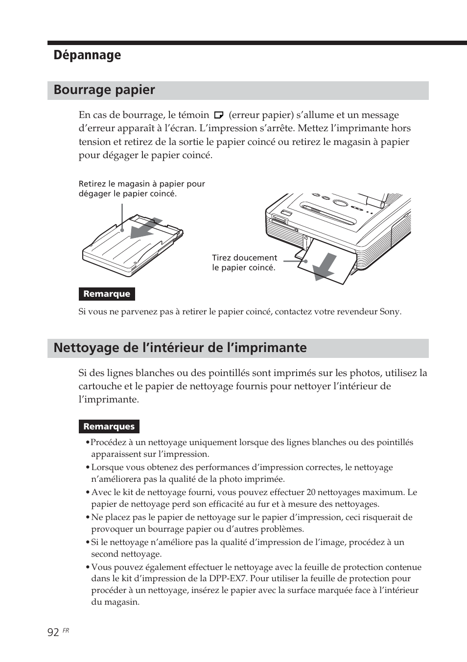 Bourrage papier, Nettoyage de l’intérieur de l’imprimante, Dépannage | Sony DPP-EX7 User Manual | Page 190 / 296