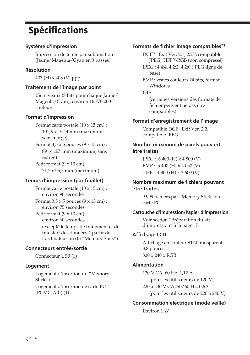 Spécifications | Sony DPP-EX7 User Manual | Page 192 / 296