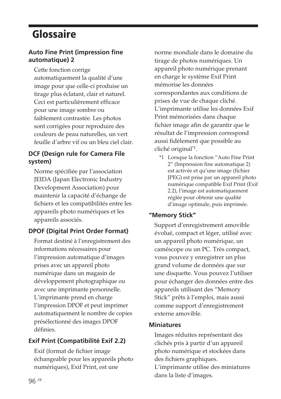 Glossaire | Sony DPP-EX7 User Manual | Page 194 / 296