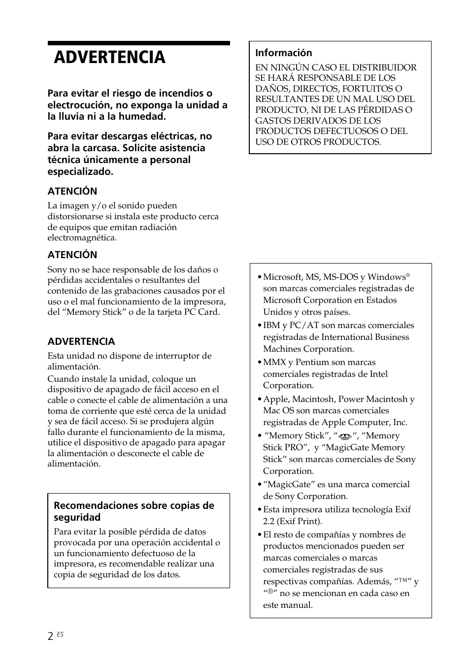 Advertencia | Sony DPP-EX7 User Manual | Page 198 / 296