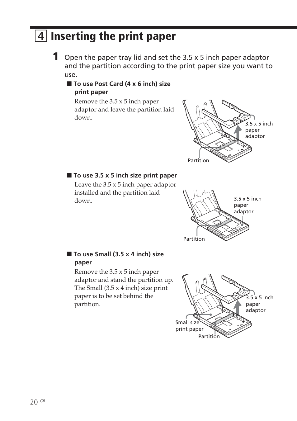 4 inserting the print paper, Inserting the print paper, 4inserting the print paper | Sony DPP-EX7 User Manual | Page 20 / 296