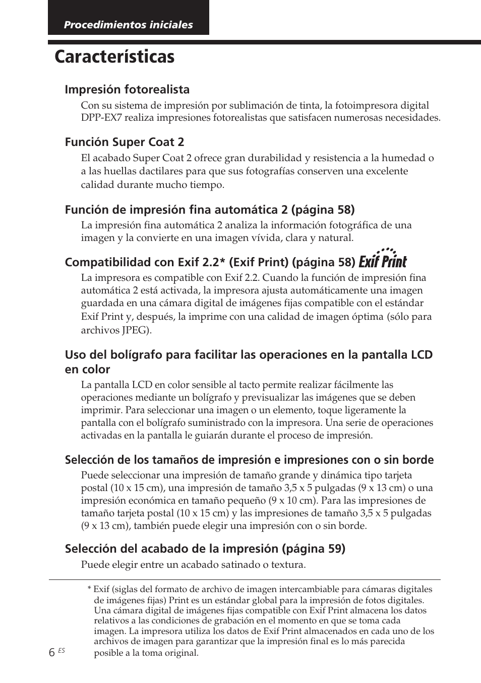 Procedimientos iniciales, Características | Sony DPP-EX7 User Manual | Page 202 / 296