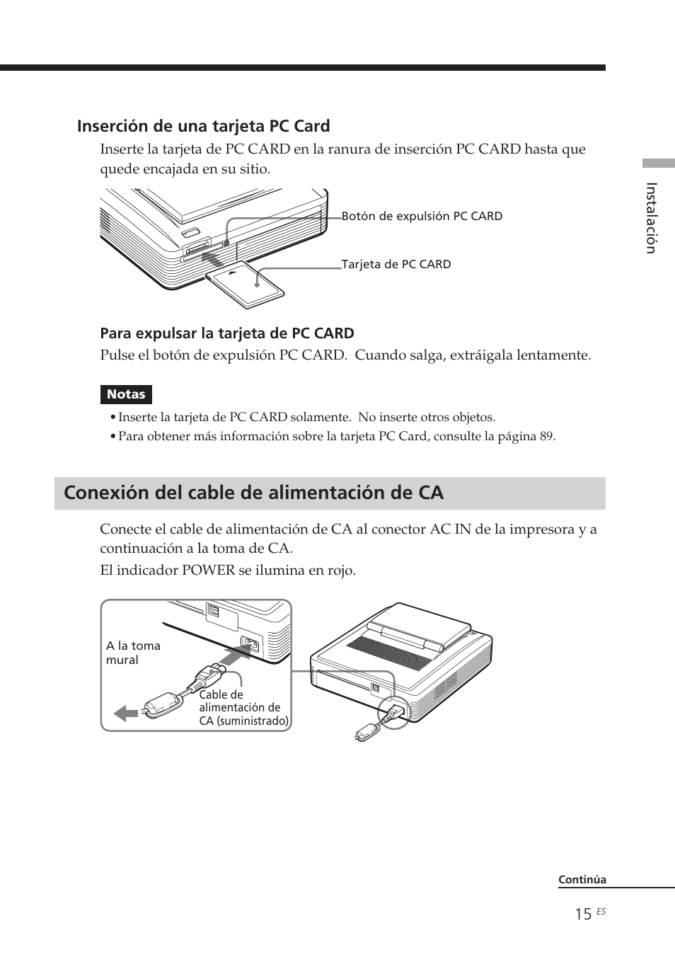 Conexión del cable de alimentación de ca, Inserción de una tarjeta pc card | Sony DPP-EX7 User Manual | Page 211 / 296