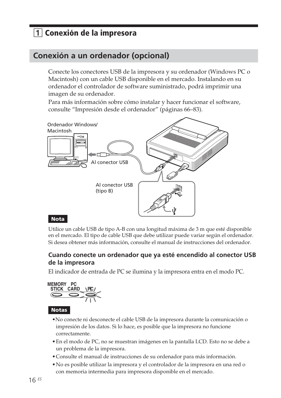 Conexión a un ordenador (opcional), 1conexión de la impresora | Sony DPP-EX7 User Manual | Page 212 / 296