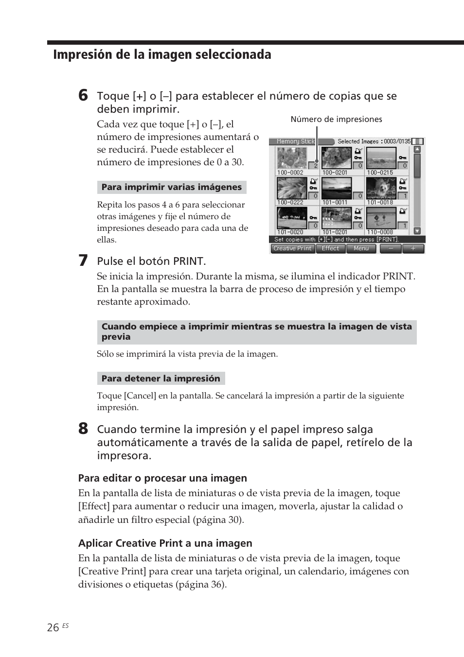 Impresión de la imagen seleccionada | Sony DPP-EX7 User Manual | Page 222 / 296