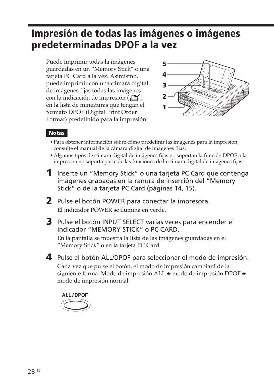 Impresión de todas las imágenes o, Imágenes predeterminadas dpof a la vez | Sony DPP-EX7 User Manual | Page 224 / 296