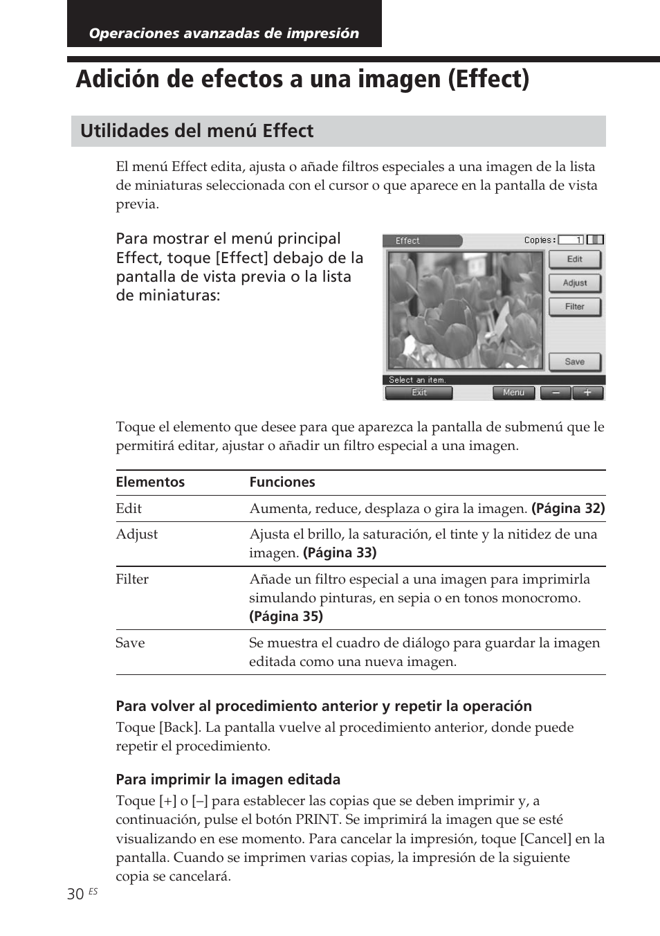 Operaciones avanzadas de impresión, Adición de efectos a una imagen (effect), Utilidades del menú effect | Operaciones avanzadas de, Impresión, Adición de efectos a una imagen, Effect) utilidades del menú effect | Sony DPP-EX7 User Manual | Page 226 / 296