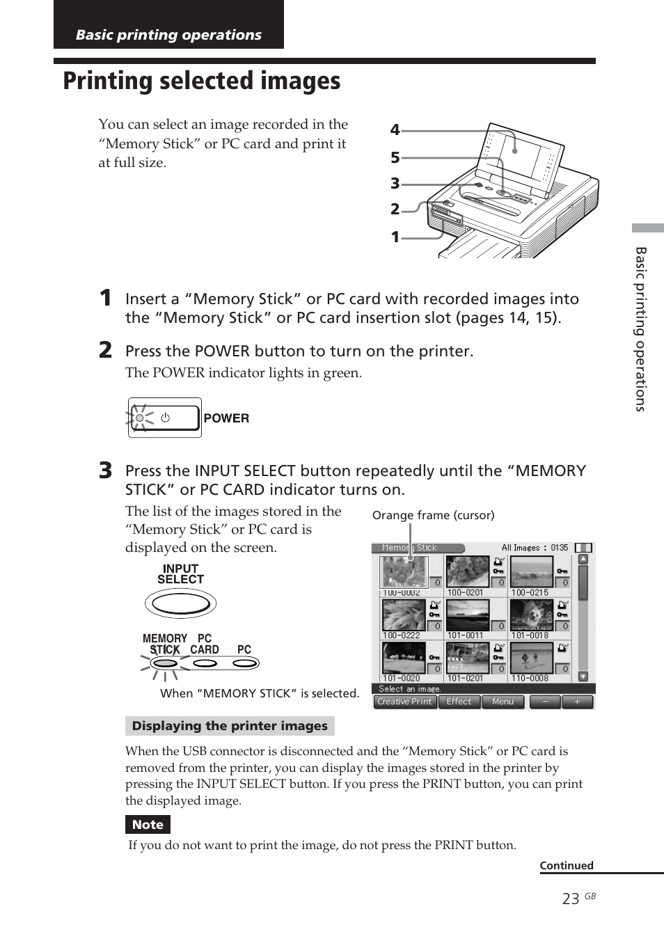 Basic printing operations, Printing selected images, Cursor | An image | Sony DPP-EX7 User Manual | Page 23 / 296