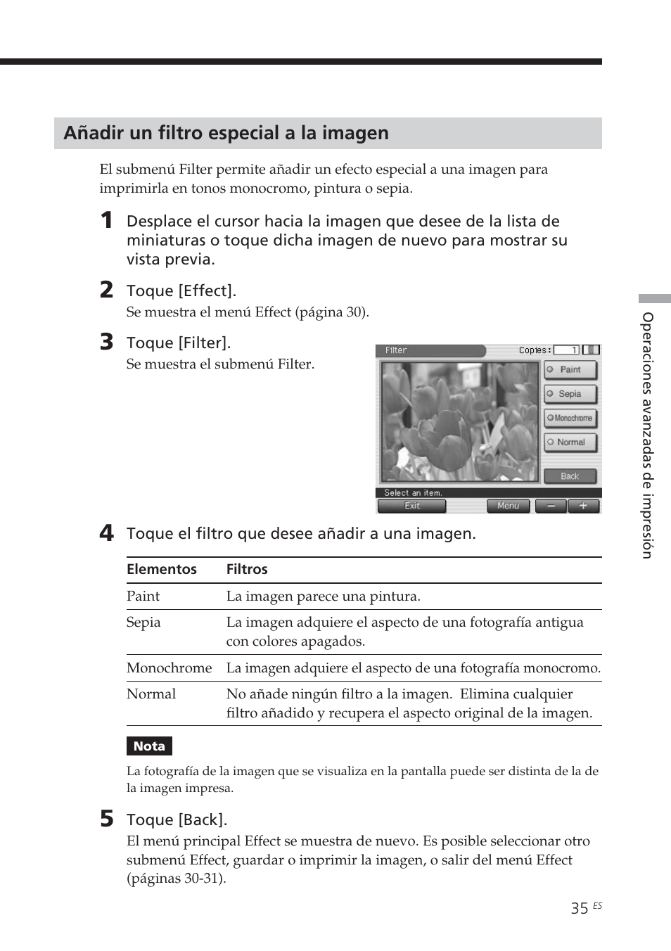 Añadir un filtro especial a la imagen | Sony DPP-EX7 User Manual | Page 231 / 296