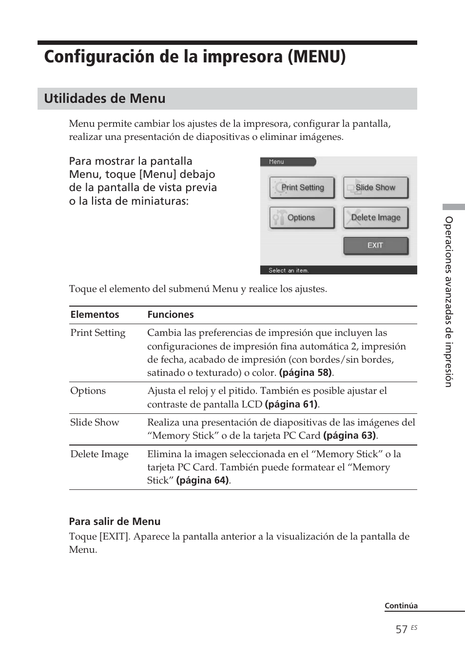Configuración de la impresora (menu), Utilidades de menu, Configuración de la impresora | Menu) utilidades de menu | Sony DPP-EX7 User Manual | Page 253 / 296
