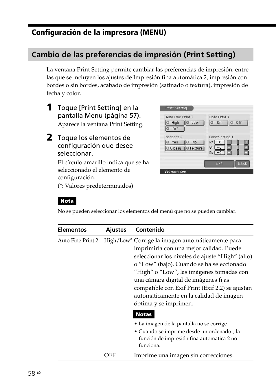 Configuración de la impresora (menu) | Sony DPP-EX7 User Manual | Page 254 / 296