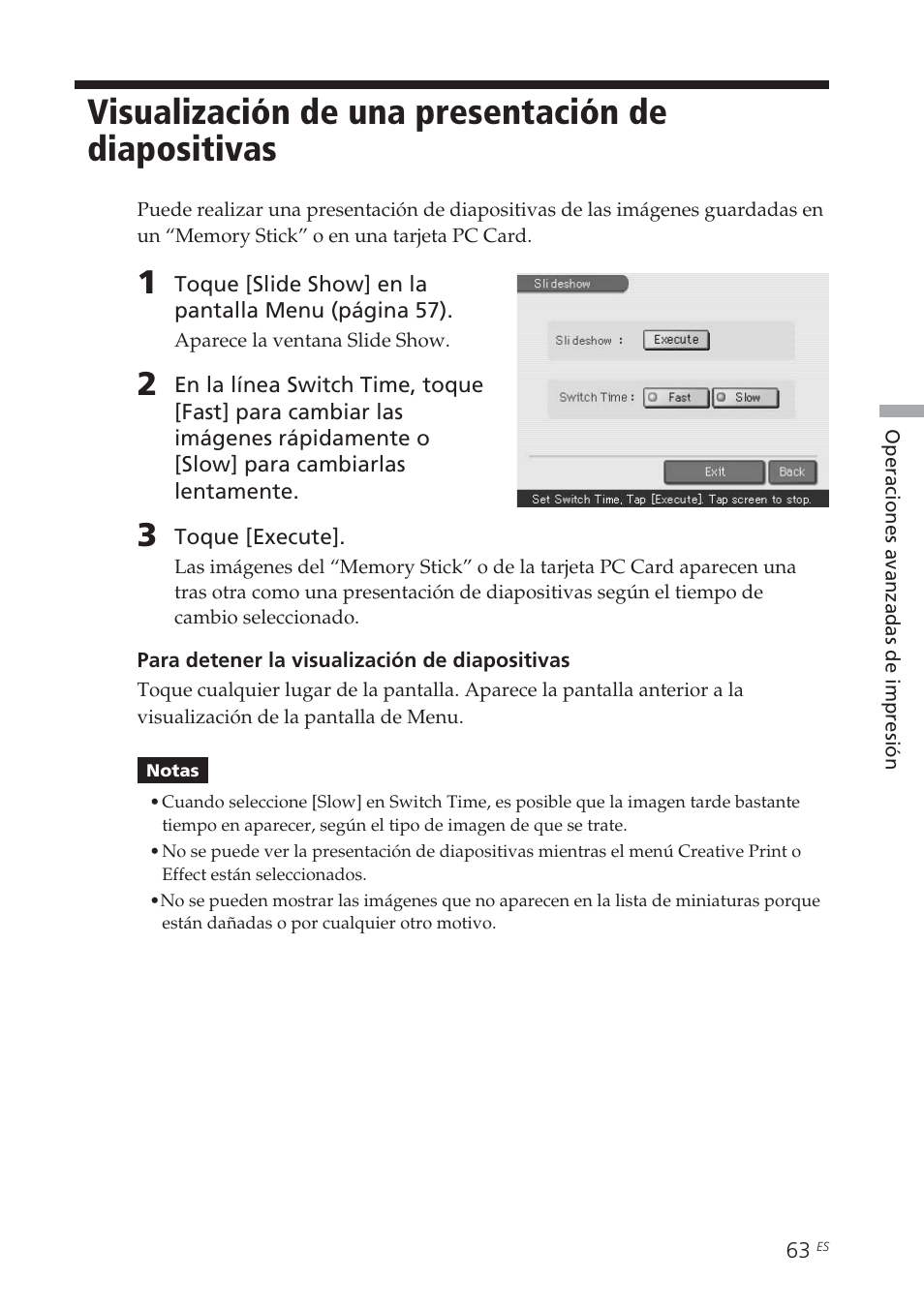 Visualización de una presentación de diapositivas, Visualización de una presentación de, Diapositivas | Sony DPP-EX7 User Manual | Page 259 / 296