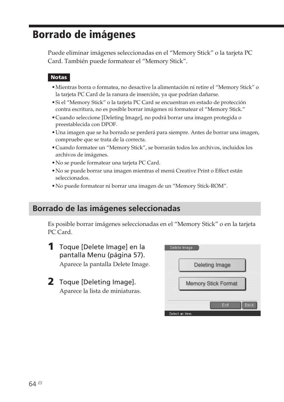 Borrado de imágenes, Borrado de las imágenes seleccionadas | Sony DPP-EX7 User Manual | Page 260 / 296