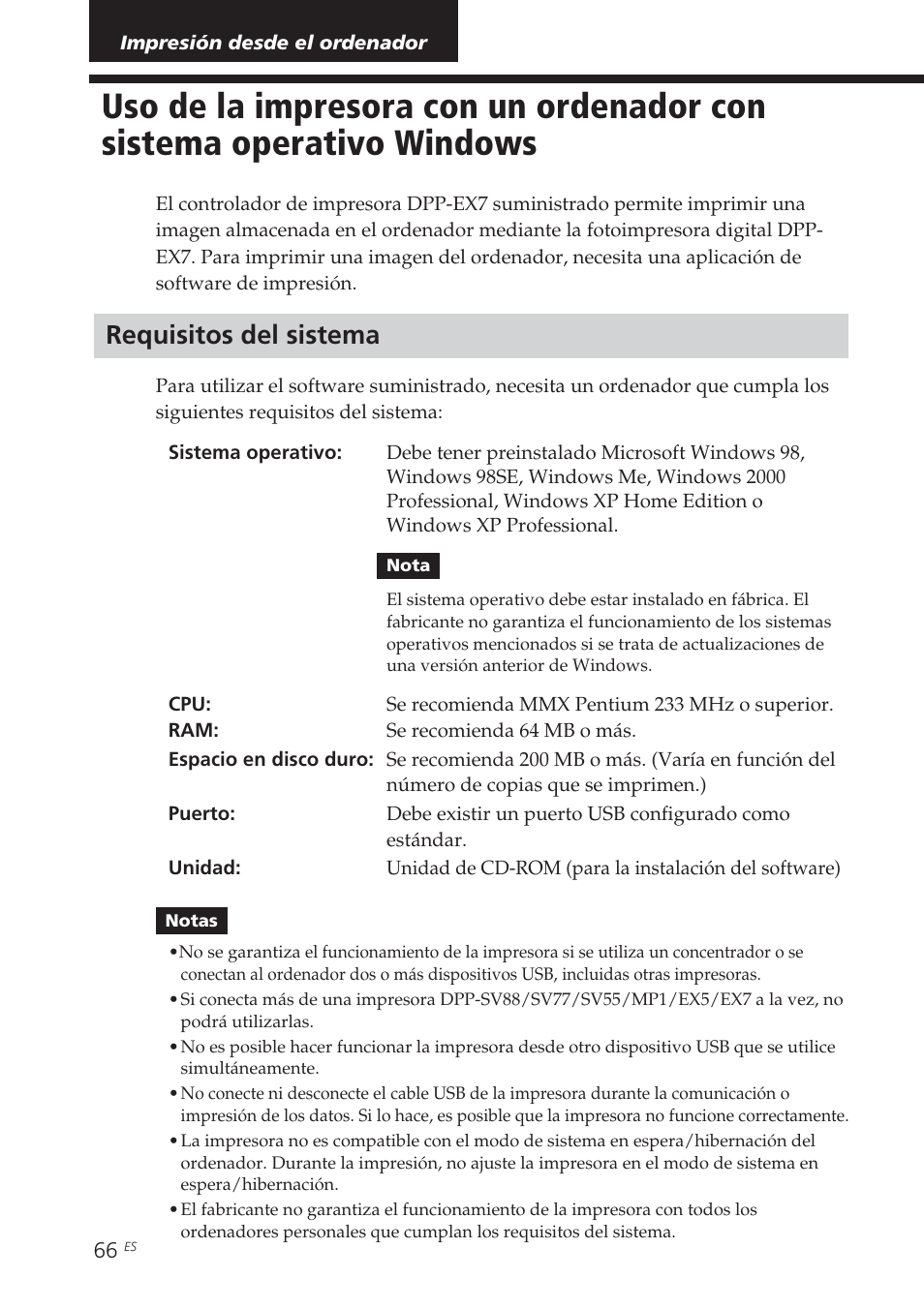 Impresión desde el ordenador, Requisitos del sistema, Uso de la impresora con un ordenador | Sony DPP-EX7 User Manual | Page 262 / 296