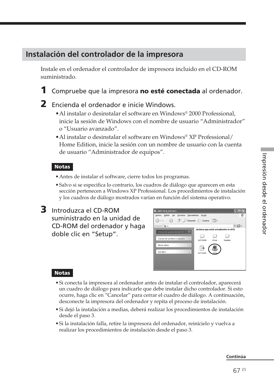 Instalación del controlador de la impresora | Sony DPP-EX7 User Manual | Page 263 / 296