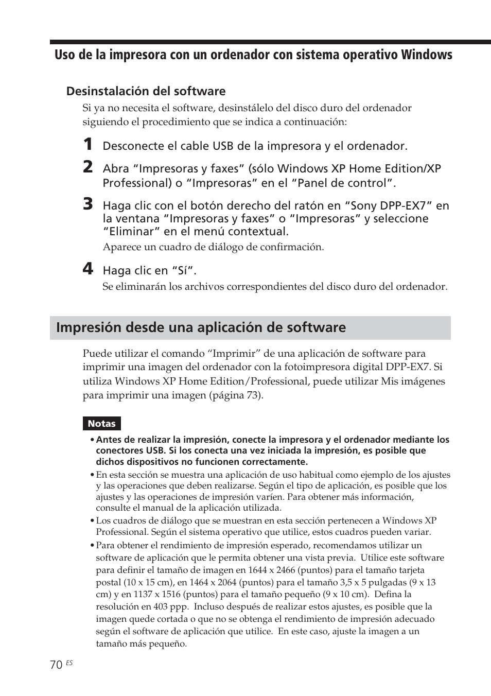 Impresión desde una aplicación de software | Sony DPP-EX7 User Manual | Page 266 / 296