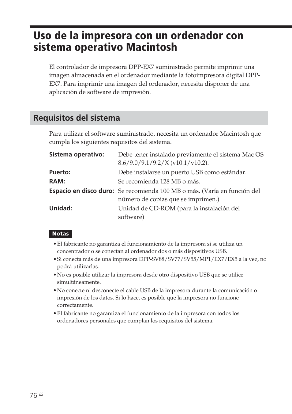 Requisitos del sistema, Uso de la impresora con un ordenador | Sony DPP-EX7 User Manual | Page 272 / 296