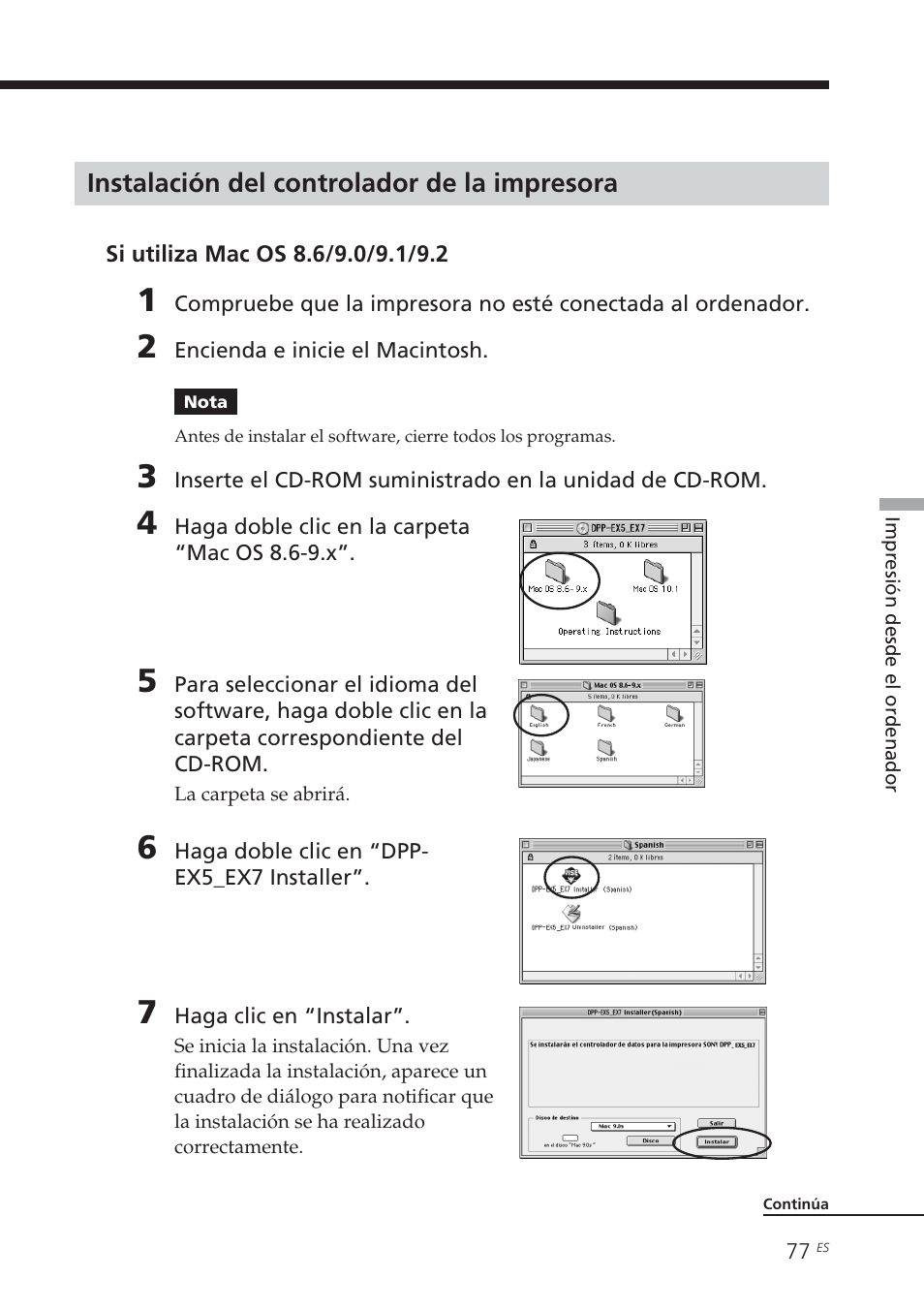 Instalación del controlador de la impresora | Sony DPP-EX7 User Manual | Page 273 / 296