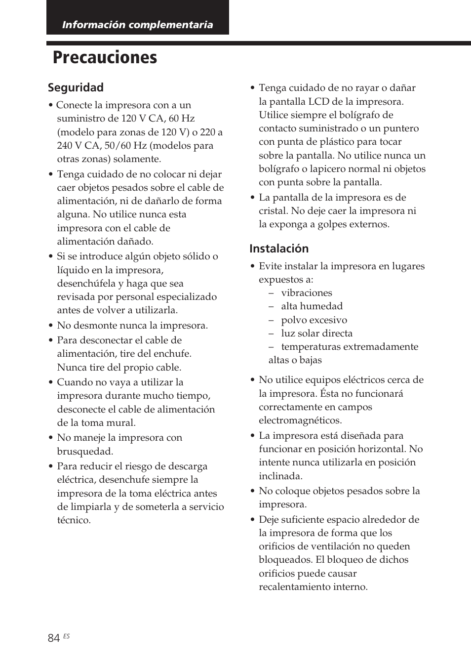 Información complementaria, Precauciones | Sony DPP-EX7 User Manual | Page 280 / 296