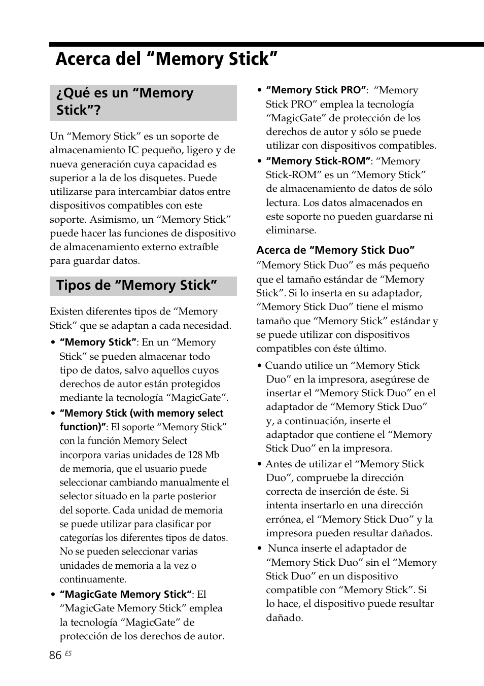 Acerca del “memory stick, Qué es un “memory stick, Tipos de “memory stick | Qué es un “memory stick”? tipos de “memory stick | Sony DPP-EX7 User Manual | Page 282 / 296