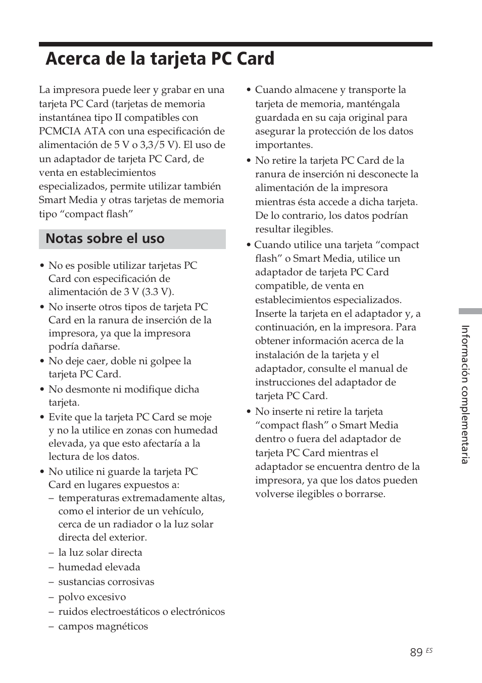 Acerca de la tarjeta pc card, Notas sobre el uso | Sony DPP-EX7 User Manual | Page 285 / 296