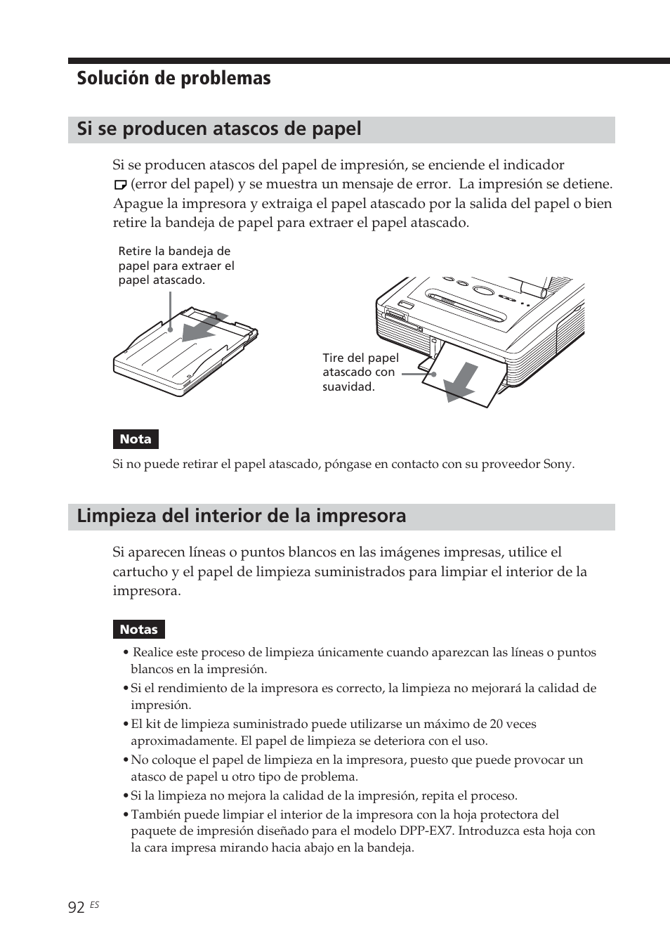 Si se producen atascos de papel, Limpieza del interior de la impresora, Solución de problemas | Sony DPP-EX7 User Manual | Page 288 / 296