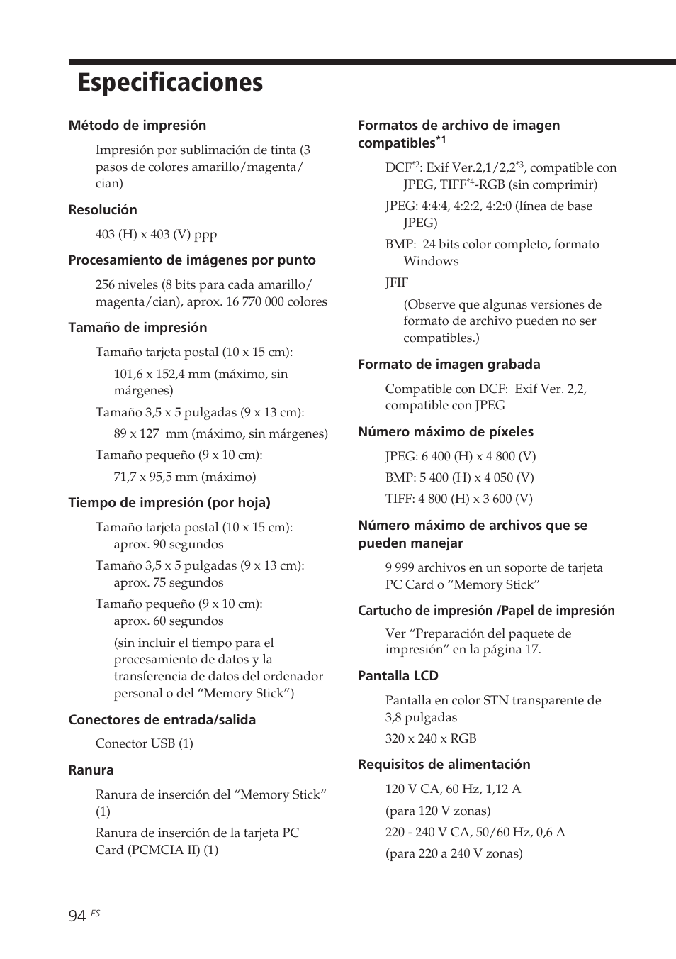 Especificaciones | Sony DPP-EX7 User Manual | Page 290 / 296