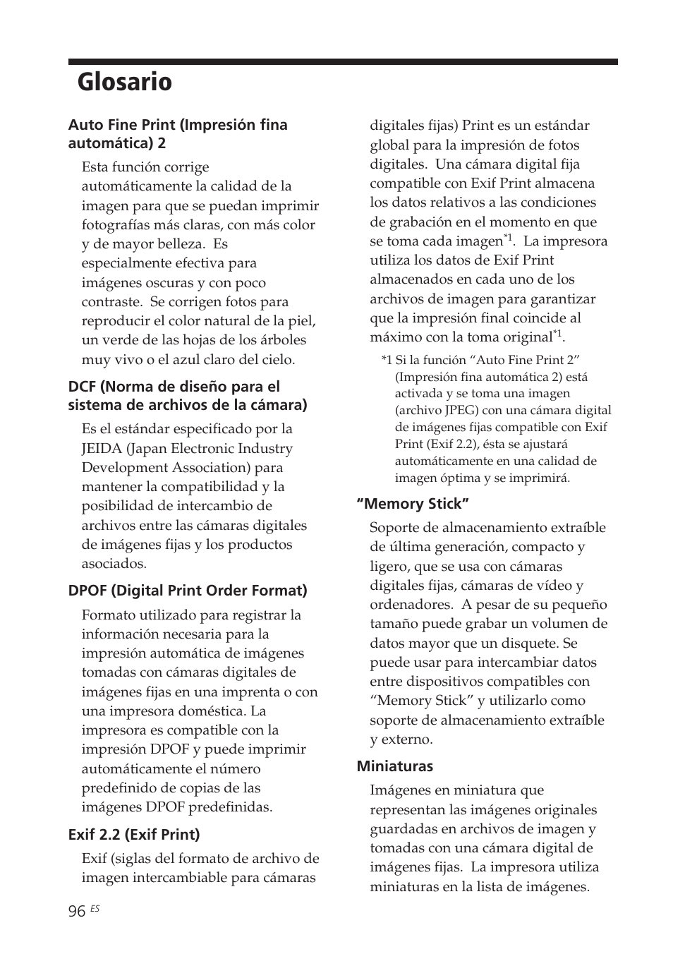 Glosario | Sony DPP-EX7 User Manual | Page 292 / 296